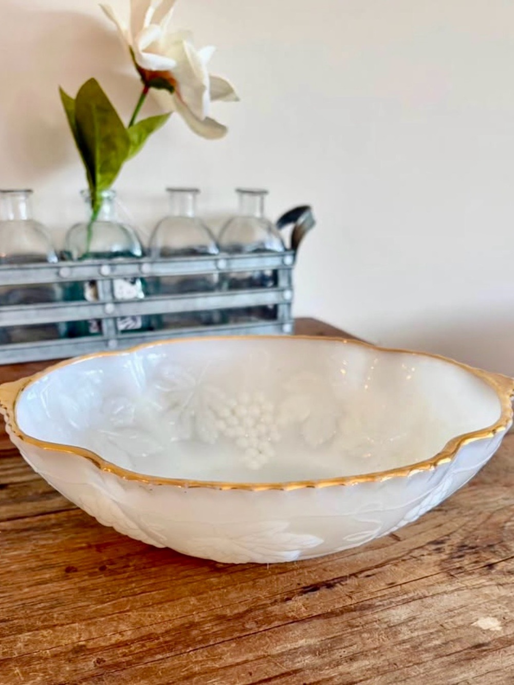 Anchor Hocking White Milk Glass Serving Bowl with Gold Rim